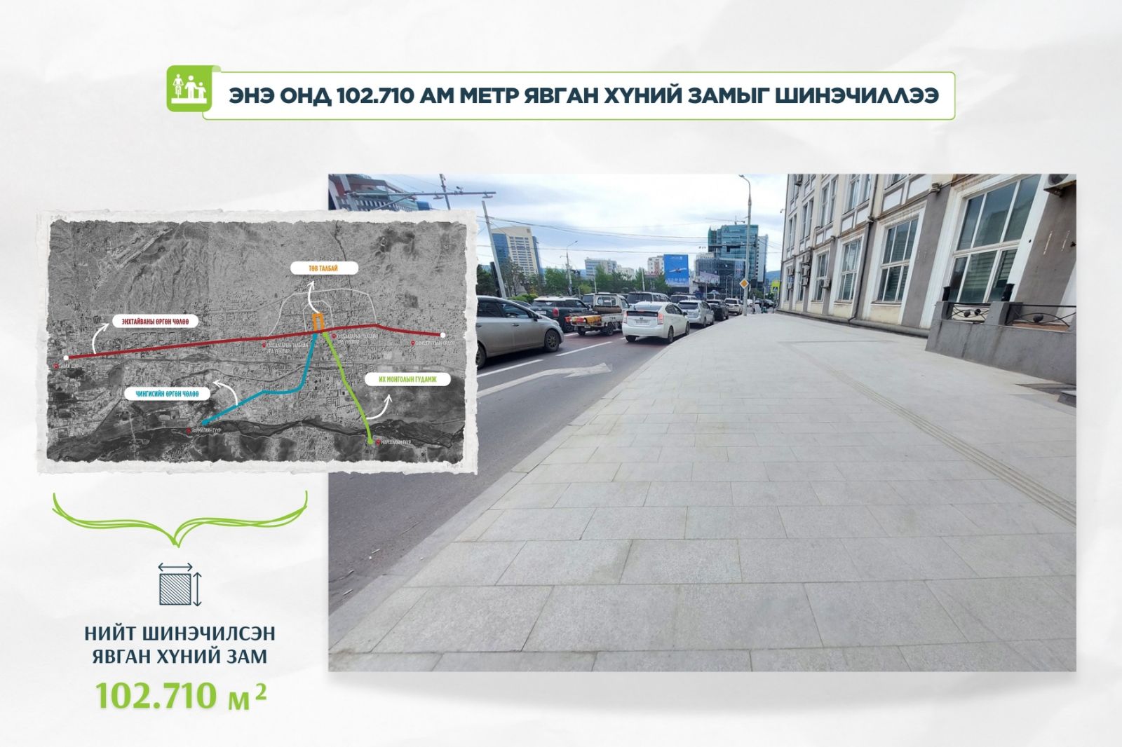 102,710 ам метр явган замыг байгалийн чулуун хавтангаар шинэчлээд байна