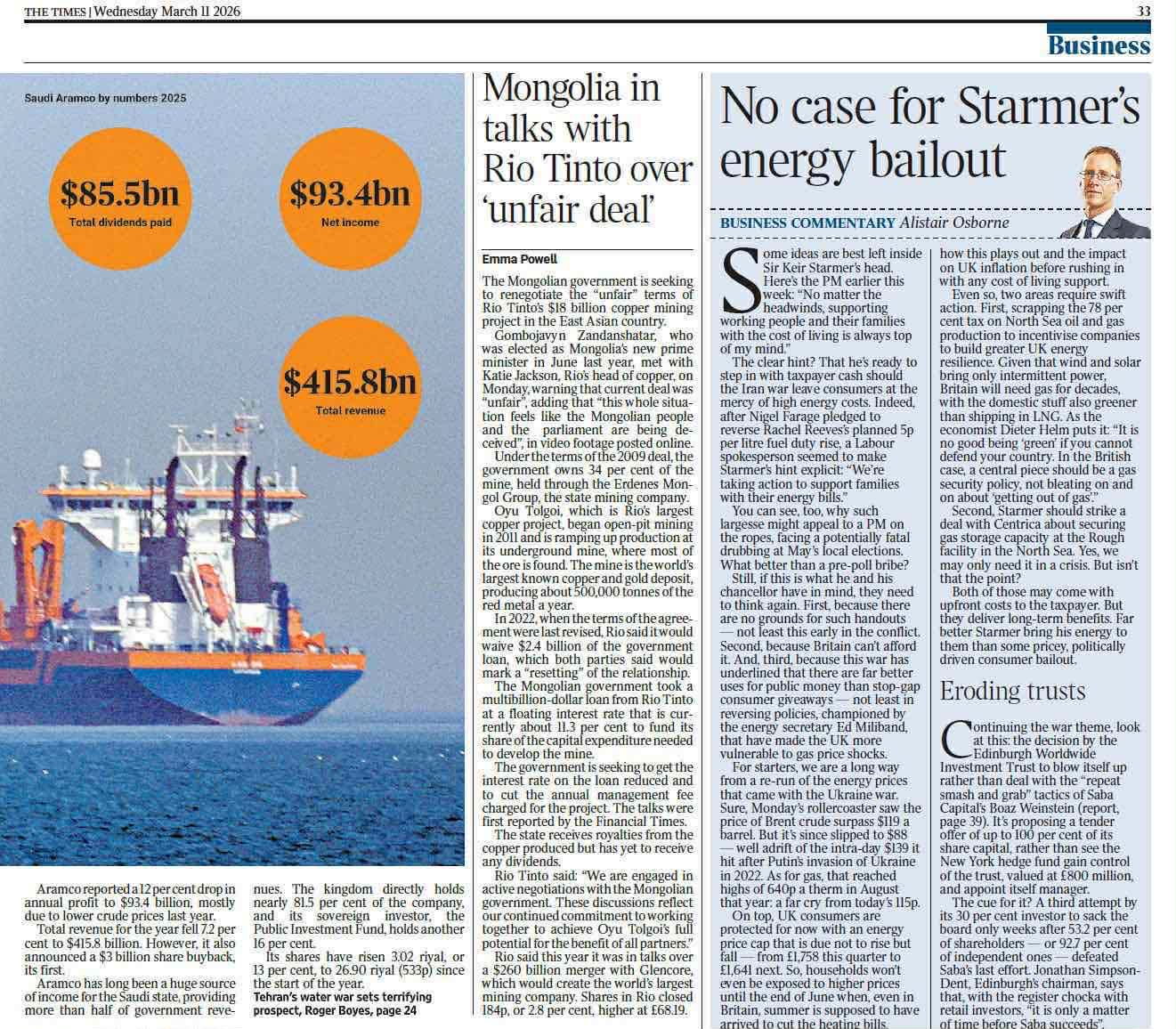 Оюу Толгойн гэрээний шударга бус заалтыг өөрчлөх Ерөнхий сайд Г.Занданшатарын шаардлагын талаар “The Times” онцолжээ